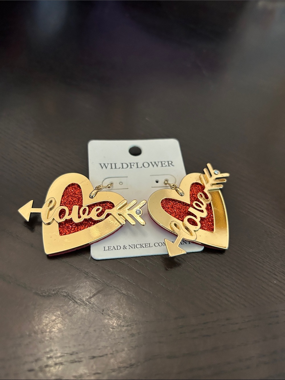 Wildflowers Gold and Red 'Love' Heart Arrow Drop Earrings